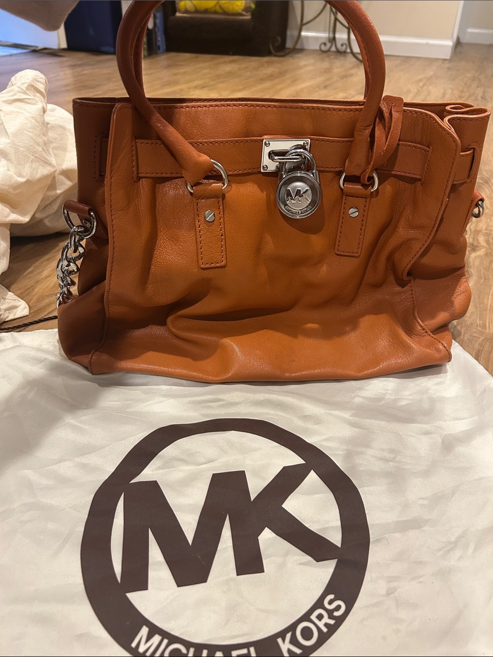 Michael Kors Orange Leather Satchel with Silver-Tone Hardware